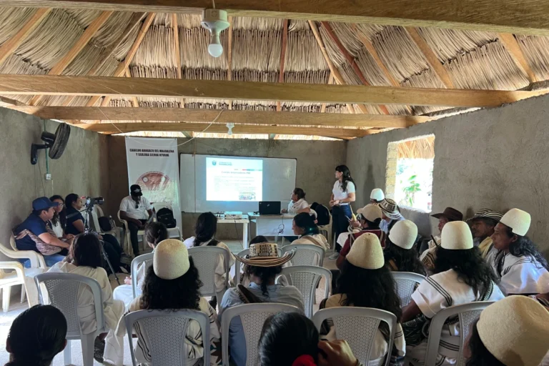 Autoridades arhuacas y funcionarios del PAE durante la concertación en Kankawarw